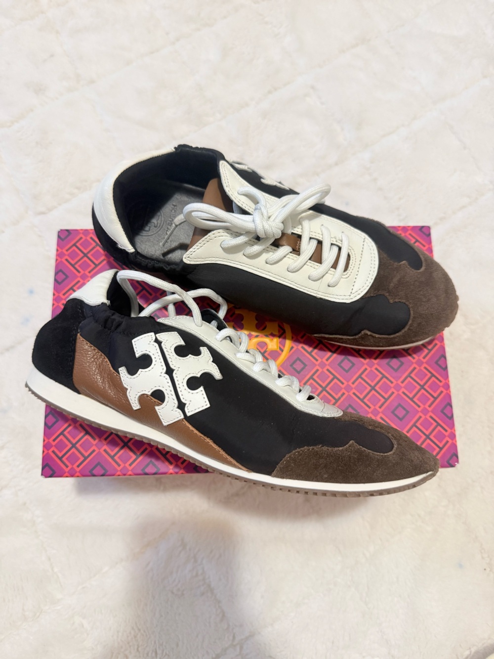Tory Burch Black/Brown/White Runner Nylon and Suede Sneakers